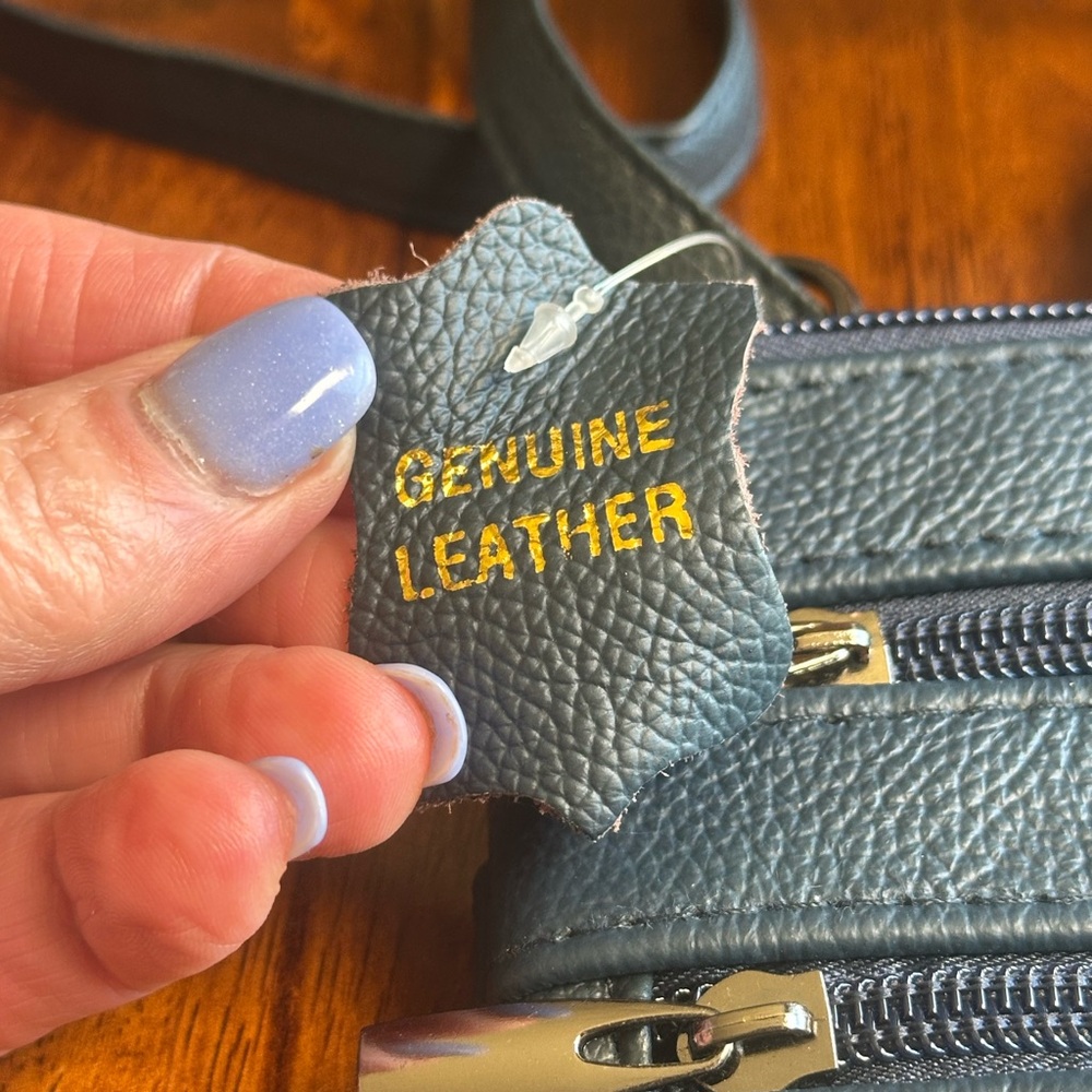 Genuine Leather Navy Crossbody Bag Multi Zip Organizer Travel Purse Small - Picture 3 of 13